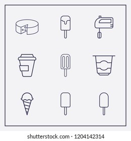 Outline 9 milk icon set. hand mixer, coffee cup, ice cream and yogurt vector illustration