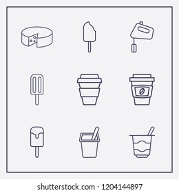 Outline 9 milk icon set. hand mixer, ice cream, coffee cup and cheese vector illustration