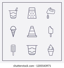 Outline 9 milk icon set. yogurt, hand mixer, grater and cone vector illustration