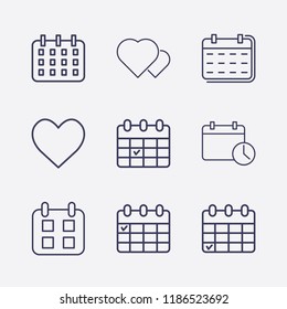 Outline 9 month icon set. calendar, calendar time, calendar check and heart vector illustration