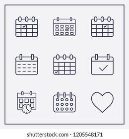 Outline 9 month icon set. calendar check, heart and calendar vector illustration