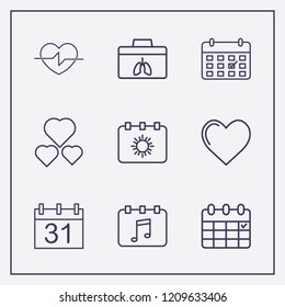 Outline 9 month icon set. halloween calendar, heart, organ donation and calendar vector illustration