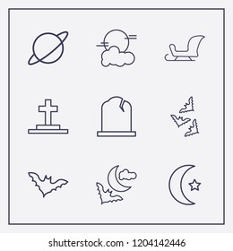 Outline 9 moon icon set. islam moon, sleigh, halloween grave and saturn vector illustration