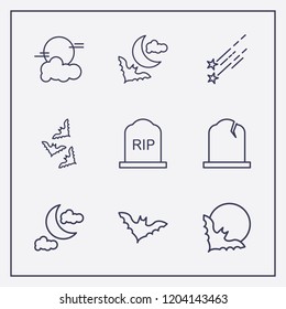 Outline 9 moon icon set. halloween grave, star fall, halloween bat moon and moon cloud vector illustration