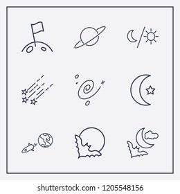 Outline 9 moon icon set. star fall, islam moon, world and rocket and halloween bat moon vector illustration