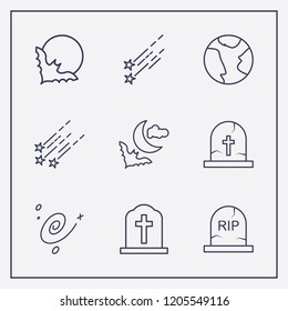 Outline 9 moon icon set. bat and moon, earth, halloween bat moon and halloween grave vector illustration