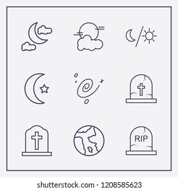 Outline 9 moon icon set. halloween grave, earth, moon and sun and moon cloud vector illustration