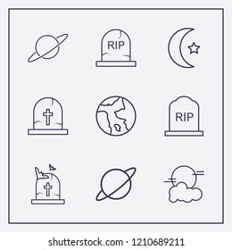 Outline 9 moon icon set. earth, moon and cloud, islam moon and halloween grave vector illustration
