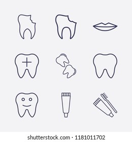 Outline 9 mouth icon set. tooth, tooth paste, toothbrush and toothpaste, broken tooth and lips vector illustration