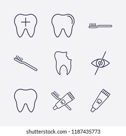 Outline 9 mouth icon set. broken tooth, forbidden look, toothpaste tube, tooth, toothbrush and toothbrush and toothpaste vector illustration