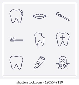 Outline 9 mouth icon set. lips, halloween vampire, broken tooth and toothbrush vector illustration
