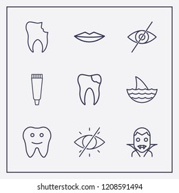 Outline 9 mouth icon set. lips, tooth, forbidden look and halloween vampire vector illustration