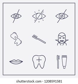 Outline 9 mouth icon set. toothbrush, forbidden look, toothbrush and toothpaste and tooth vector illustration