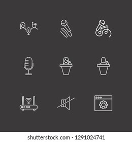 Outline 9 music icon set. sound off, karaoke, router and speaker human vector illustration