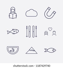 Outline 9 nature icon set. mountain, ski sticks, cloud, read the book, fish, lovers, aquarium and magnet vector illustration