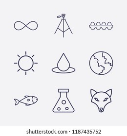 Outline 9 nature icon set. earth, infinity, drop, egg, fish, dog, tripod, flask and sun vector illustration