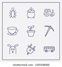 Outline 9 nature icon set. bug, tractor, miner and tea cup vector illustration