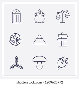 Outline 9 nature icon set. salt, mountain, holly berry leaves and signpost vector illustration
