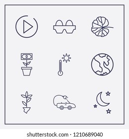 Outline 9 nature icon set. egg, thermometer, leaf and earth vector illustration