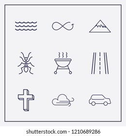 Outline 9 nature icon set. wave, barbecue, infinity and ant vector illustration