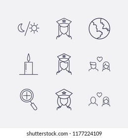 Outline 9 night icon set. earth, police, zoom, lovers, moon and sun and candle vector illustration