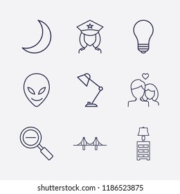 Outline 9 night icon set. lovers, alien, zoom out, police, lamp, lampshade, desktop lamp, bridge and moon vector illustration