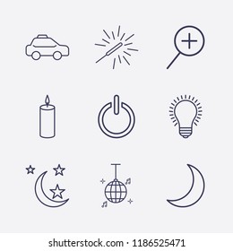 Outline 9 night icon set. candle, disco ball, zoom, sparkler, lamp, power, moon and taxi vector illustration