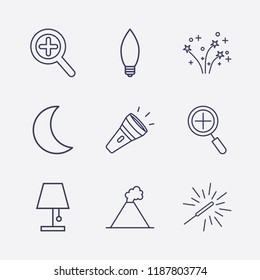 Outline 9 night icon set. lamp, moon, lampshade, sparkler, zoom, volcano, flashlight and fireworks vector illustration