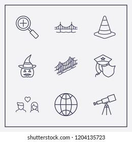 Outline 9 night icon set. zoom, halloween pumpkin, police and road traffic vector illustration
