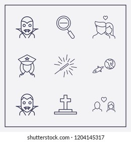 Outline 9 night icon set. sparkler, lovers, world and rocket and halloween vampire vector illustration