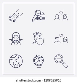 Outline 9 night icon set. zoom out, karaoke, globe and lovers vector illustration
