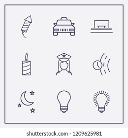 Outline 9 night icon set. lamp, fireworks, candle and police vector illustration