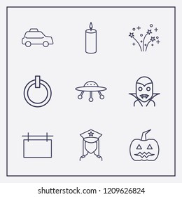 Outline 9 night icon set. candle, halloween vampire, halloween pumpkin and police vector illustration