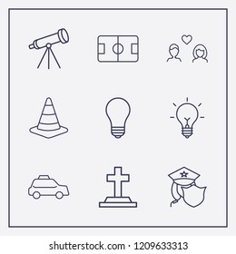 Outline 9 night icon set. lovers, lamp, halloween grave and road traffic vector illustration