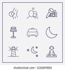 Outline 9 night icon set. taxi, dj, road time and lighthouse vector illustration