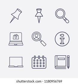 Outline 9 notebook icon set. calendar, search user, online shopping, information, search, book and pencil, laptop and paper pin vector illustration