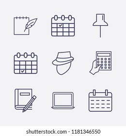 Outline 9 notebook icon set. detective, notebook feather pen, calendar, paper pin, laptop, book and pencil and hand with calculator vector illustration