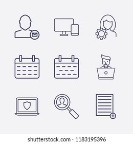 Outline 9 notebook icon set. laptop worker, monitor phone, account settings, user mail, add document, calendar, laptop shield and search user vector illustration