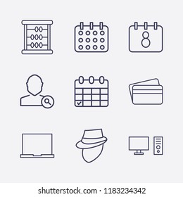 Outline 9 notebook icon set. search user, credit card, detective, laptop, pc, calendar and math vector illustration