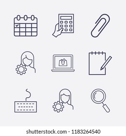 Outline 9 notebook icon set. keyboard, calculator with hand, search, calendar, notebook edit, account settings, online shopping and paper clip vector illustration