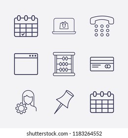 Outline 9 notebook icon set. home phone, math, credit card, account settings, paper pin, online shopping, browser and calendar vector illustration