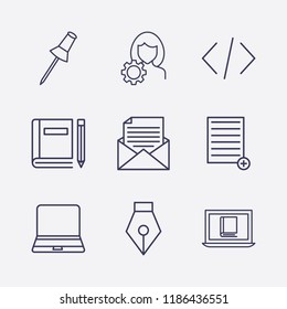 Outline 9 notebook icon set. code, add document, pen tool, online book reading, laptop, account settings, book and pencil, mail document and paper pin vector illustration