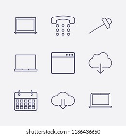 Outline 9 notebook icon set. calendar, laptop, browser, paper pin, home phone and cloud download vector illustration