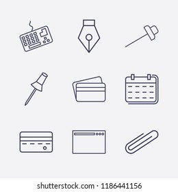 Outline 9 notebook icon set. calendar, pen tool, keyboard, paper clip, credit card, browser and paper pin vector illustration