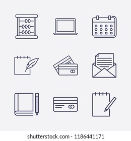 Outline 9 notebook icon set. notebook feather pen, math, mail document, calendar, laptop, credit card, book and pencil and notebook edit vector illustration