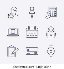 Outline 9 notebook icon set. pen tool, online book reading, credit card, calendar, clipboard, calculator with hand, account settings, paper pin and hacker vector illustration
