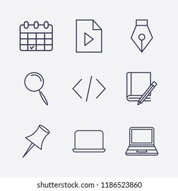 Outline 9 notebook icon set. code, search, pen tool, laptop, book and pencil, paper pin, calendar and play document vector illustration