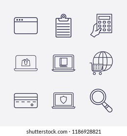 Outline 9 notebook icon set. laptop shield, online shopping, calculator with hand, browser, search, credit card, clipboard and online book reading vector illustration