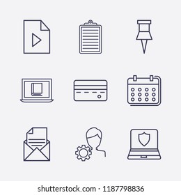 Outline 9 notebook icon set. credit card, clipboard, laptop shield, play document, calendar, online book reading, account settings, paper pin and mail document vector illustration