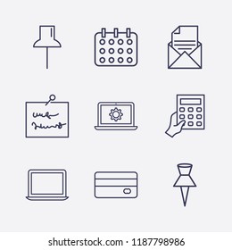 Outline 9 notebook icon set. mail document, paper pin, note, calculator with hand, credit card, calendar, laptop setting and laptop vector illustration